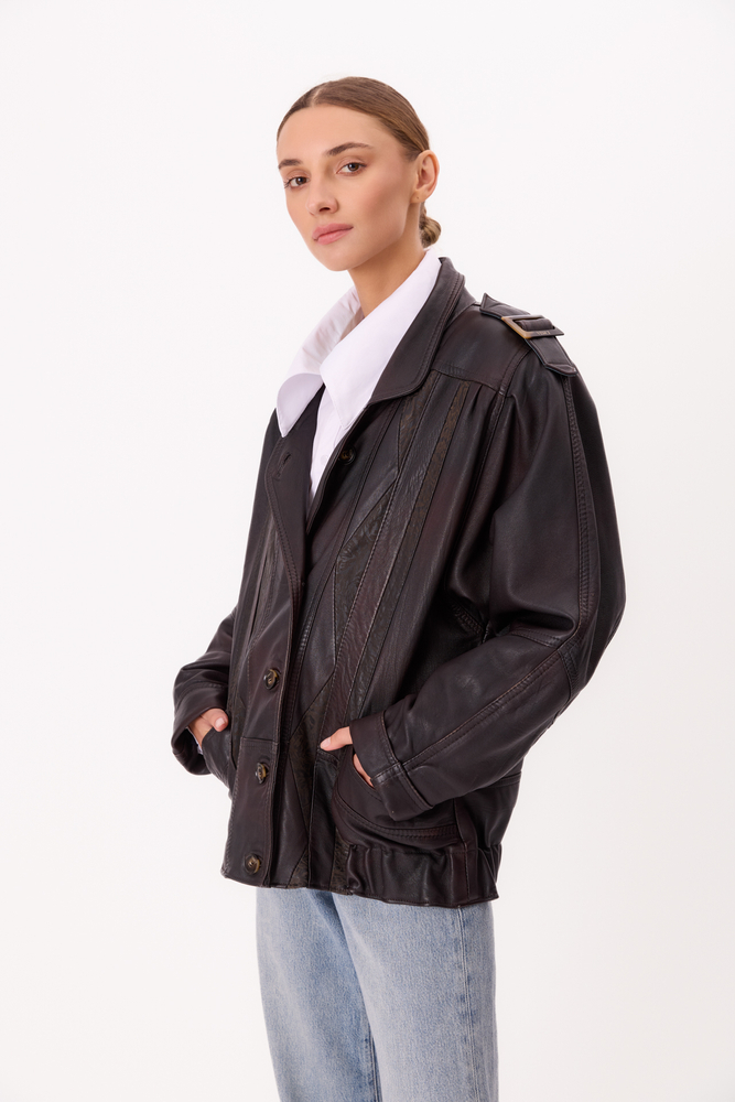 LONG CHOCOLATE LEATHER JACKET WITH EPAULOS