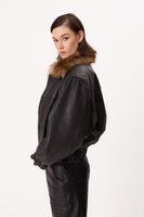 BLACK LEATHER JACKET WITH DETACHABLE FUR COLLAR