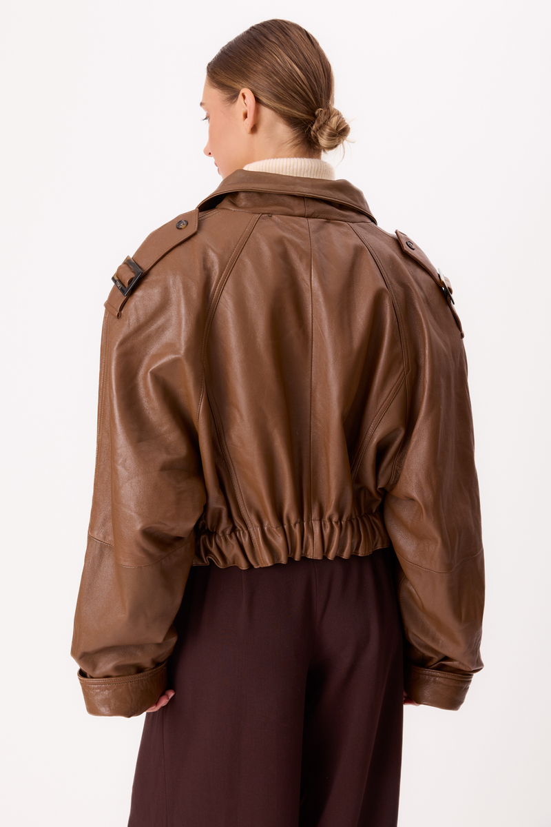 CARAMEL LEATHER BOMBER JACKET
