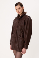 BROWN LONG-LENGTH FITTED LEATHER JACKET