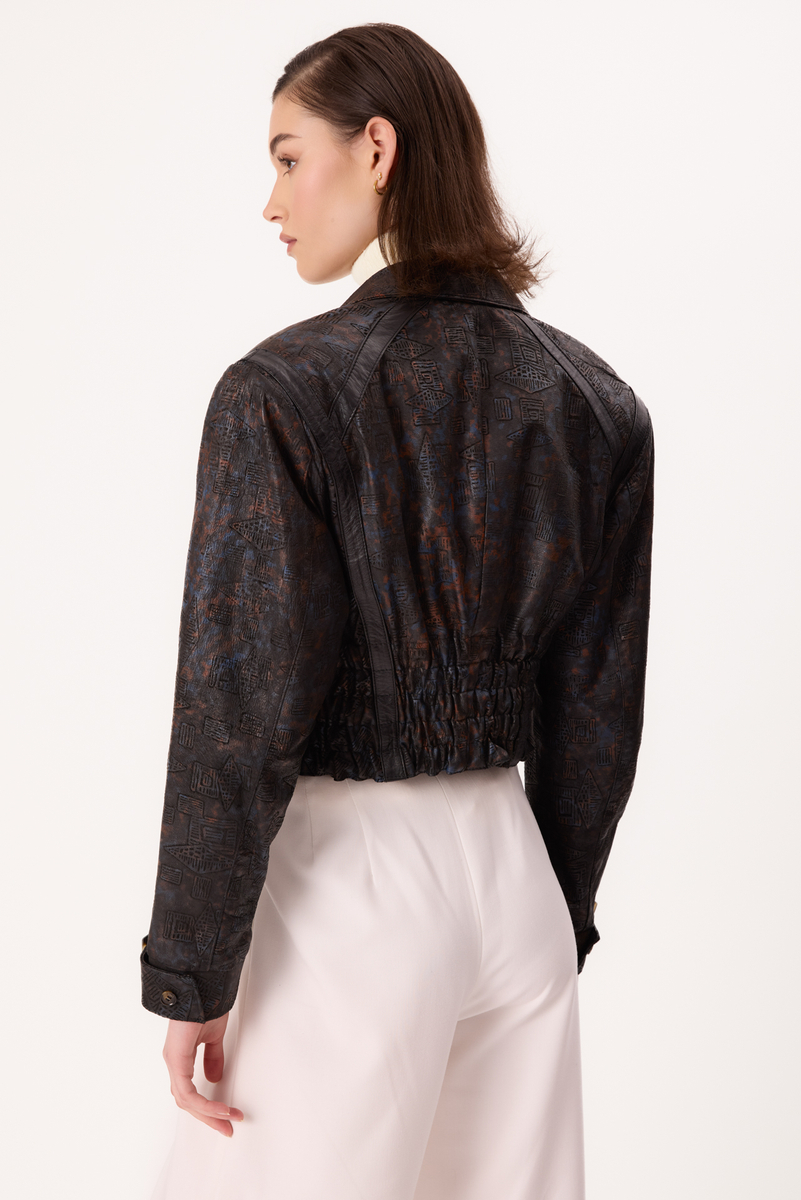 BLACK LEATHER JACKET WITH VINTAGE EMBOSSMENT