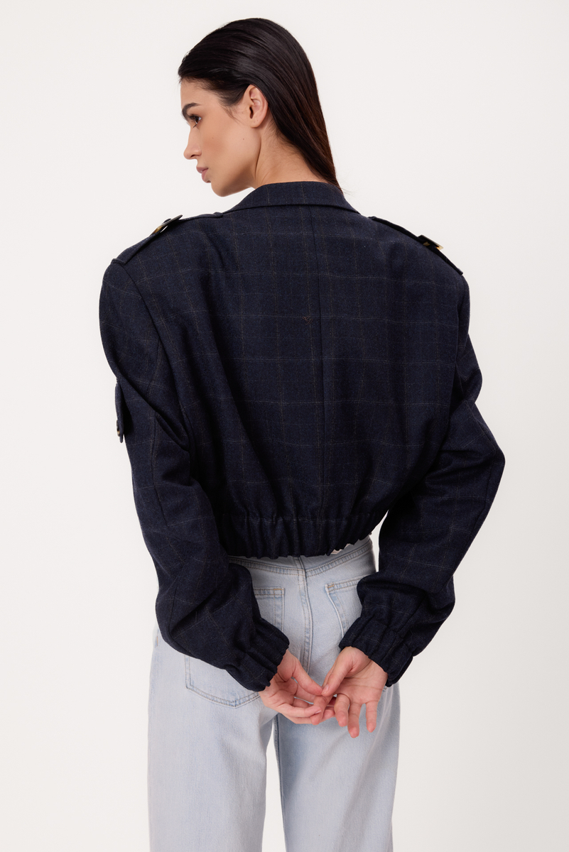 OVERSIZE NAVY BLUE REGULAR CHECKED BOMBER JACKET
