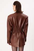 BROWN LONG-LENGTH FITTED LEATHER JACKET
