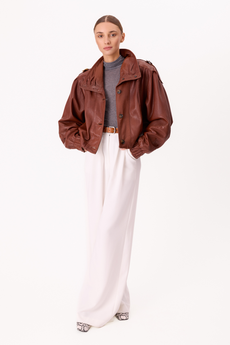 BROWN LEATHER BOMBER JACKET WITH HIGH COLLAR
