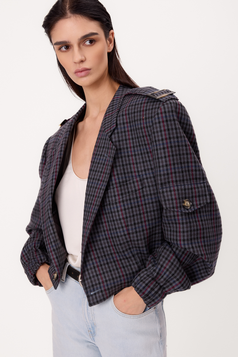 NAVY BLUE REGULAR BOMBER JACKET WITH COLORFUL HOUNDSTOOTH