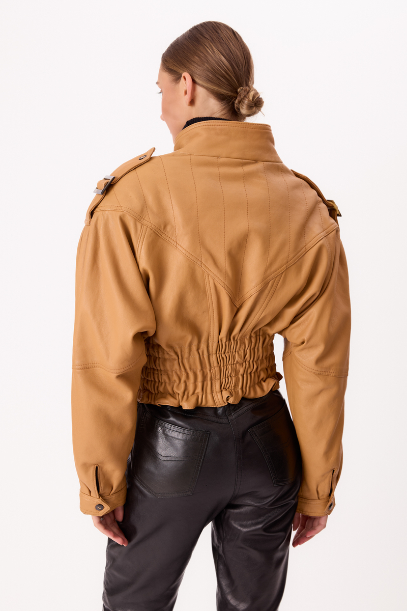 CARAMEL ADJUSTABLE OVERSIZE LEATHER JACKET