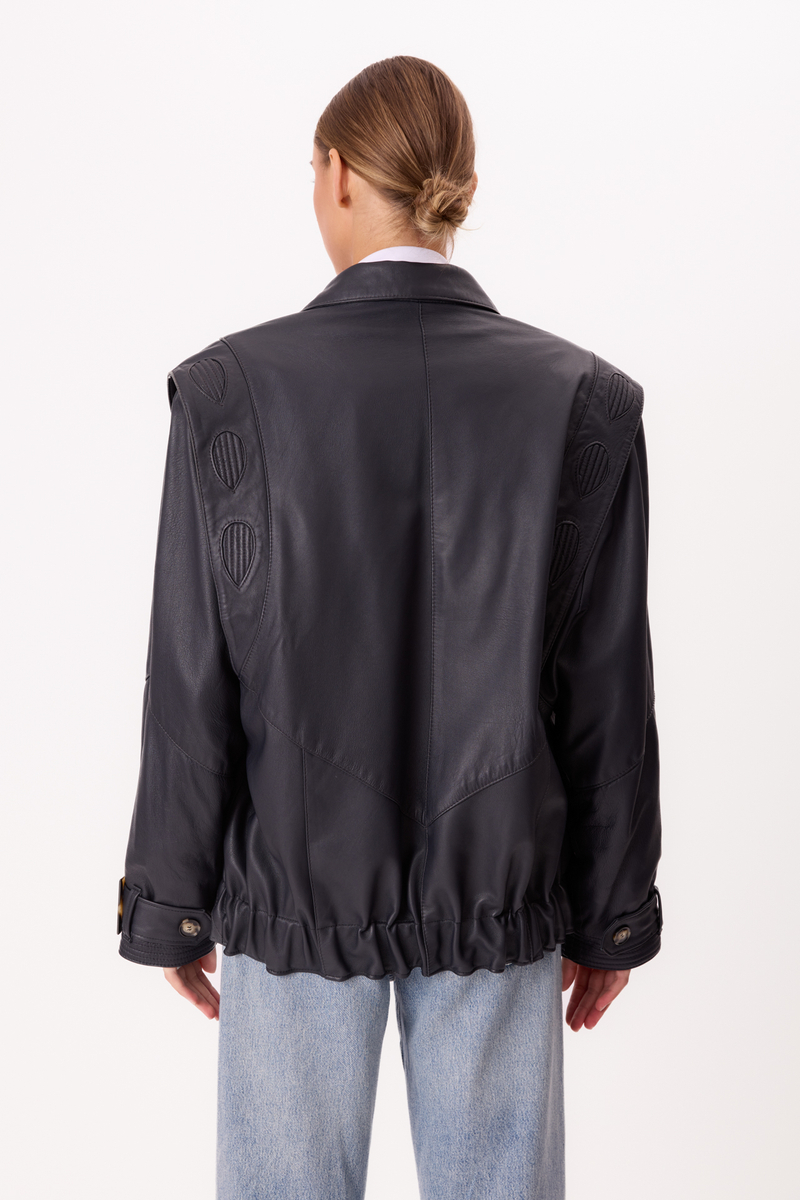 LONG NAVY BLUE LEATHER JACKET WITH POCKETS