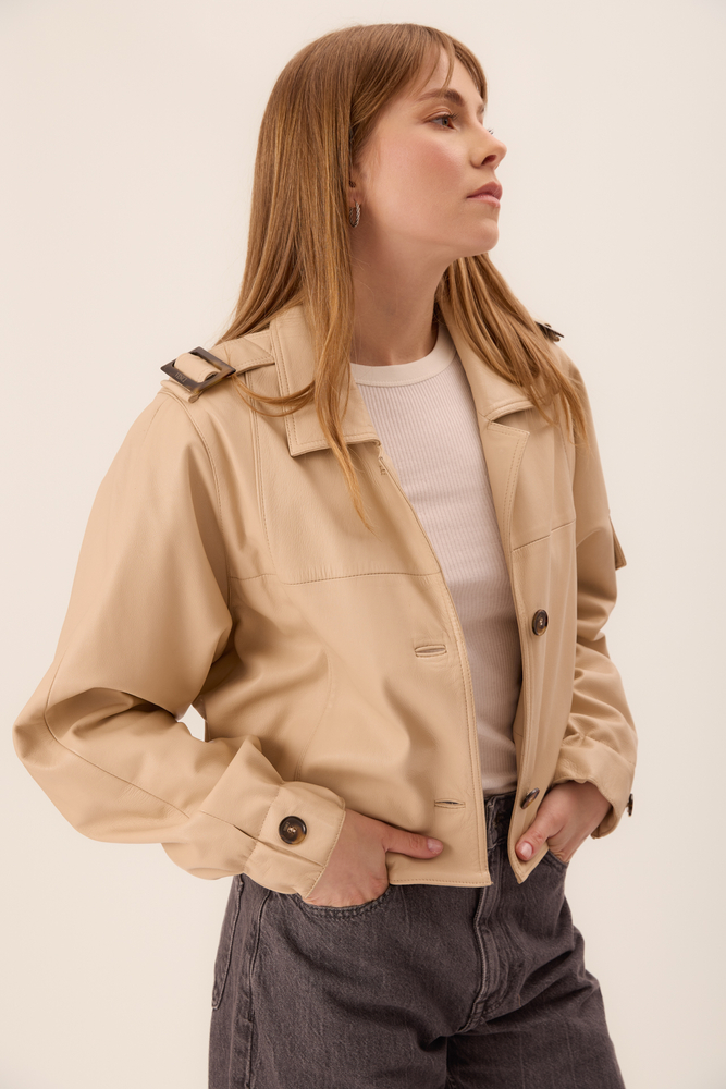 BEIGE BOMBER LEATHER JACKET