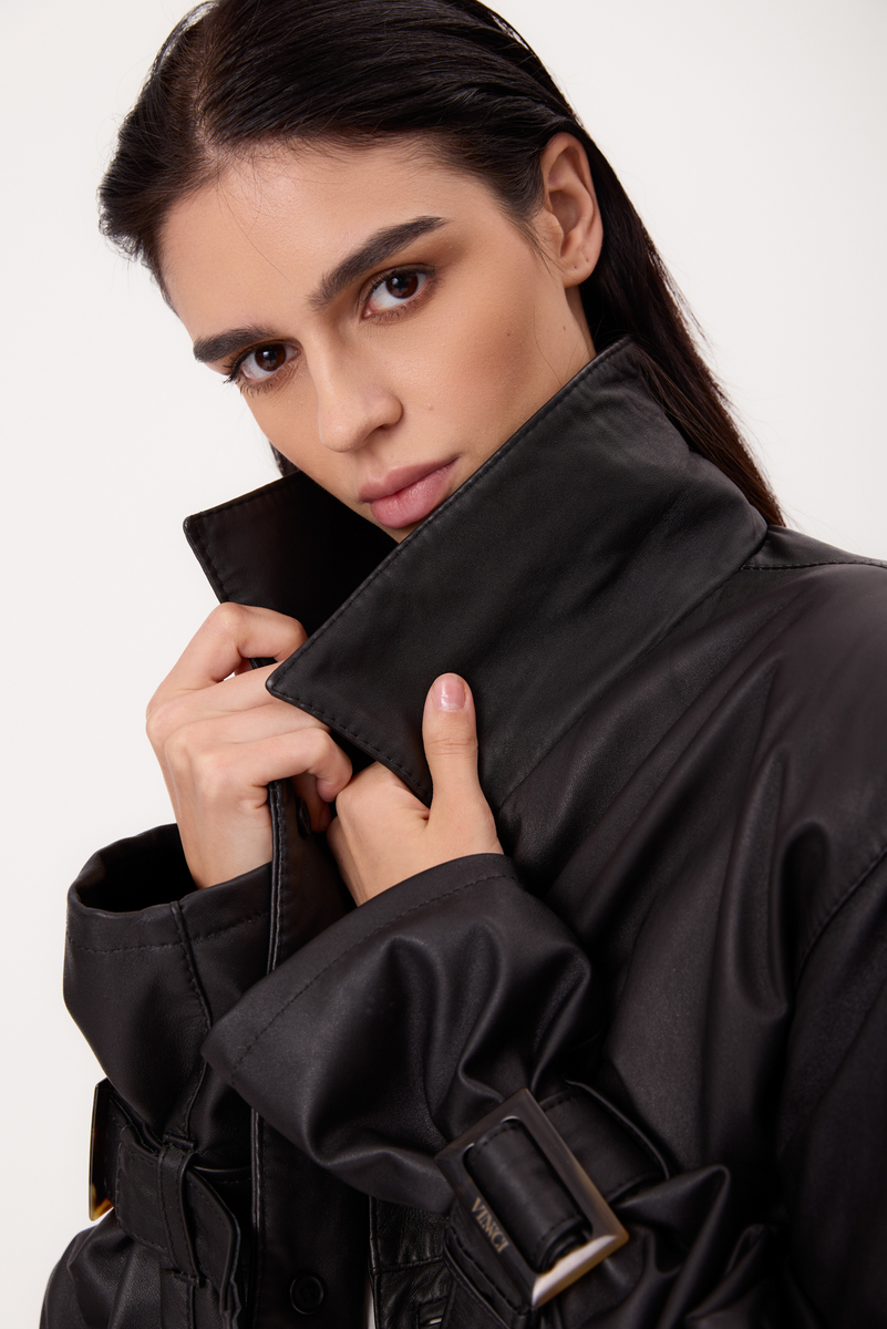 SHORT BLACK ADJUSTABLE WAIST REGULAR LEATHER JACKET WITH BUCKLES