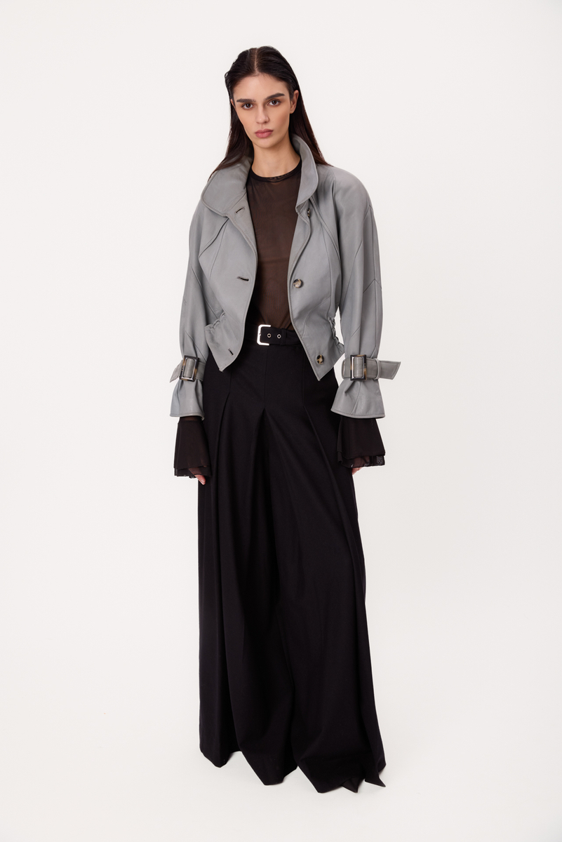 GRAY ADJUSTABLE WAIST PETITE LEATHER JACKET WITH BUCKLES