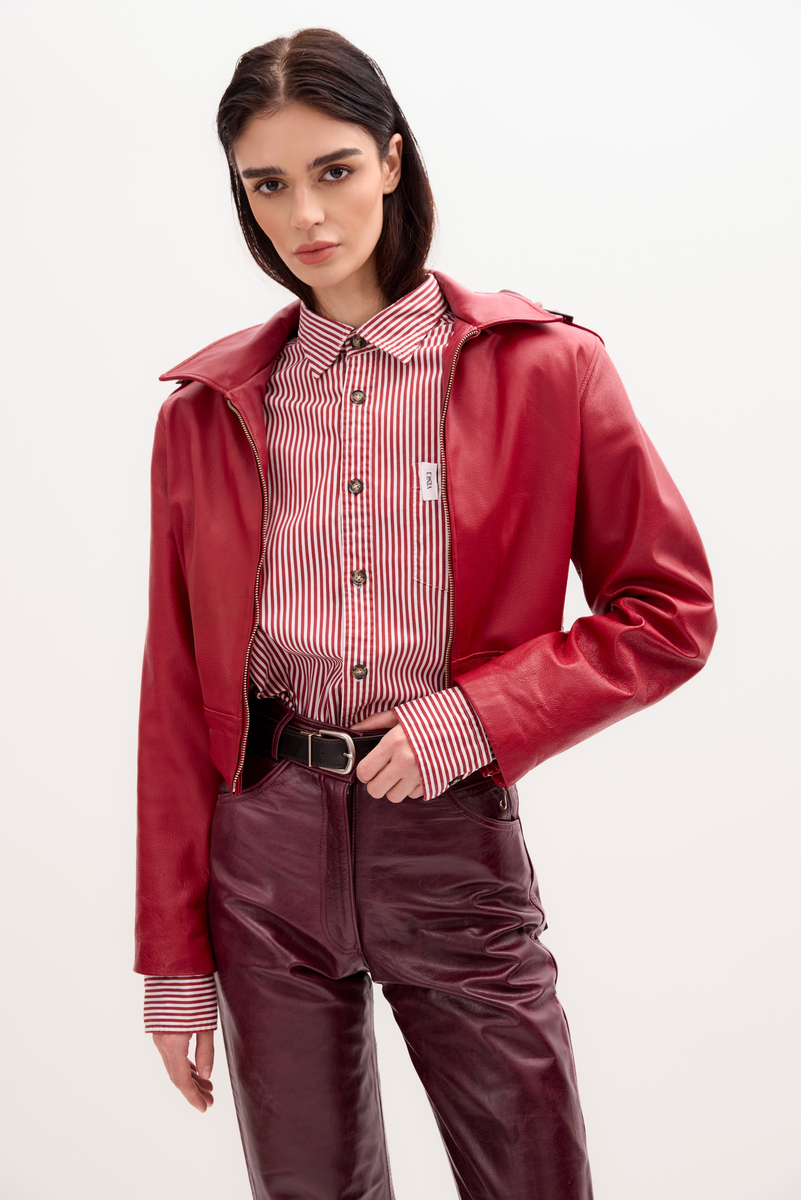 RED LEATHER JACKET WITH HOOD
