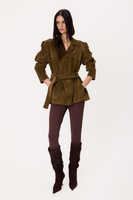 LONG GREEN SUEDE LEATHER JACKET WITH ADJUSTABLE WAIST AND BELT