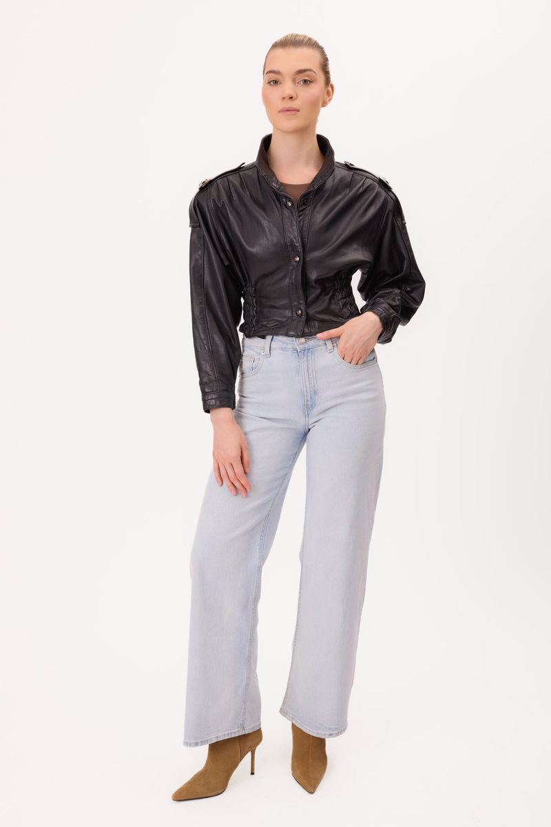 SHORT WAISTED BLACK LEATHER JACKET WITH MANDARIN COLLAR