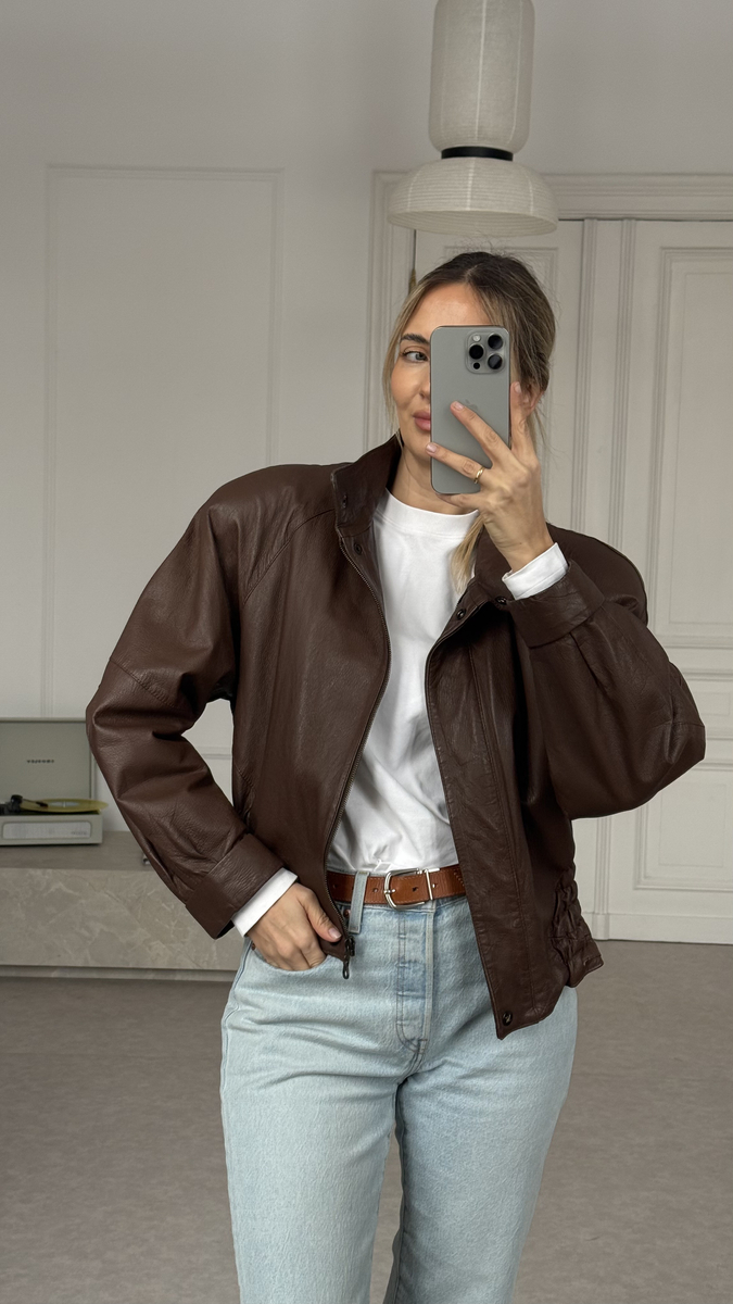  BROWN LEATHER JACKET WITH DETACHABLE FUR COLLAR