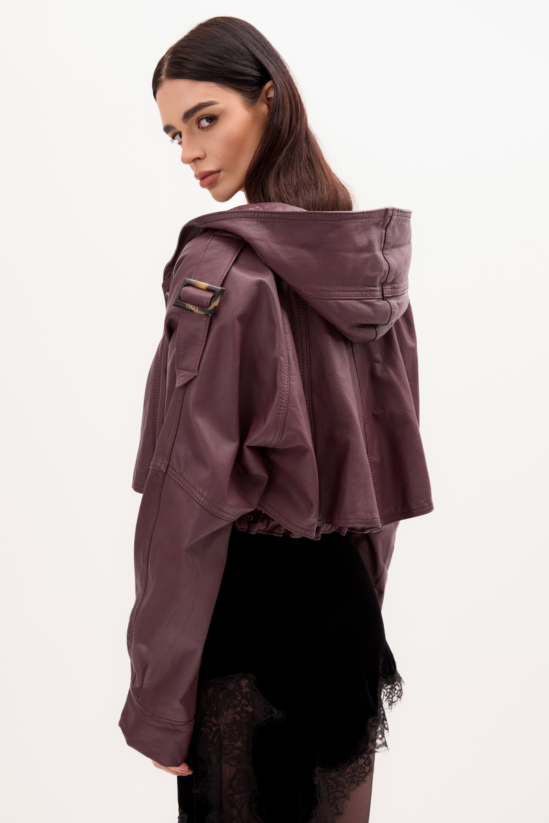BURGUNDY  LEATHER JACKET WITH A HOOD