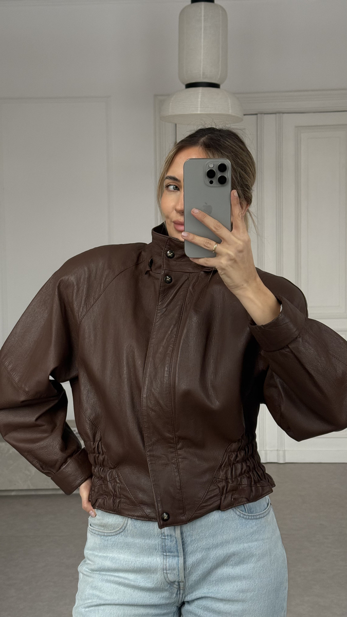  BROWN LEATHER JACKET WITH DETACHABLE FUR COLLAR