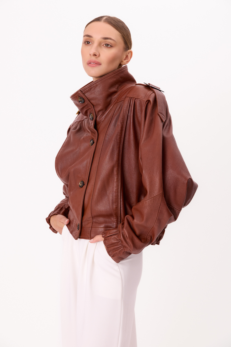 BROWN LEATHER BOMBER JACKET WITH HIGH COLLAR