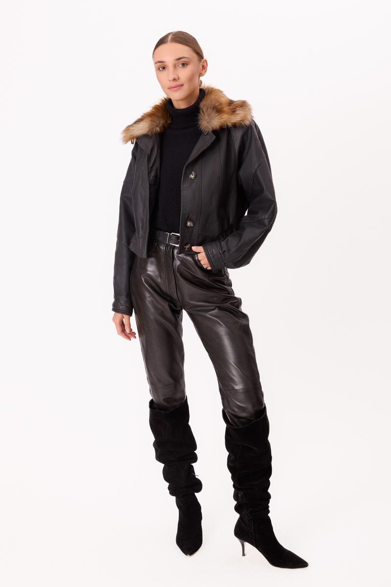 BLACK LEATHER JACKET WITH DETACHABLE FUR COLLAR