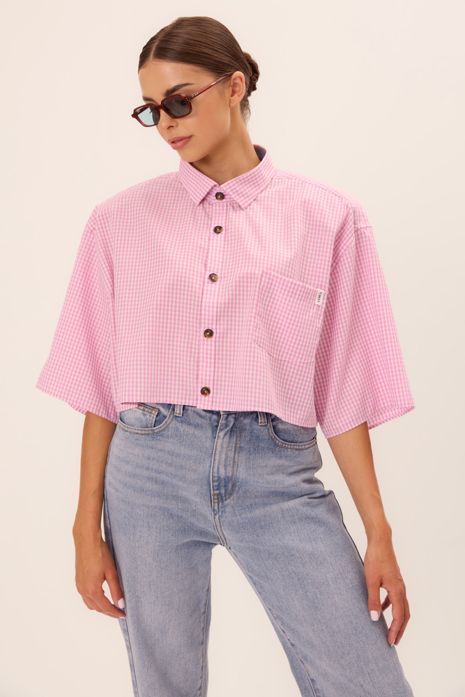 RÓŻOWA KOSZULA W KRATKĘ Z ODPINANYMI PODUSZKAMI