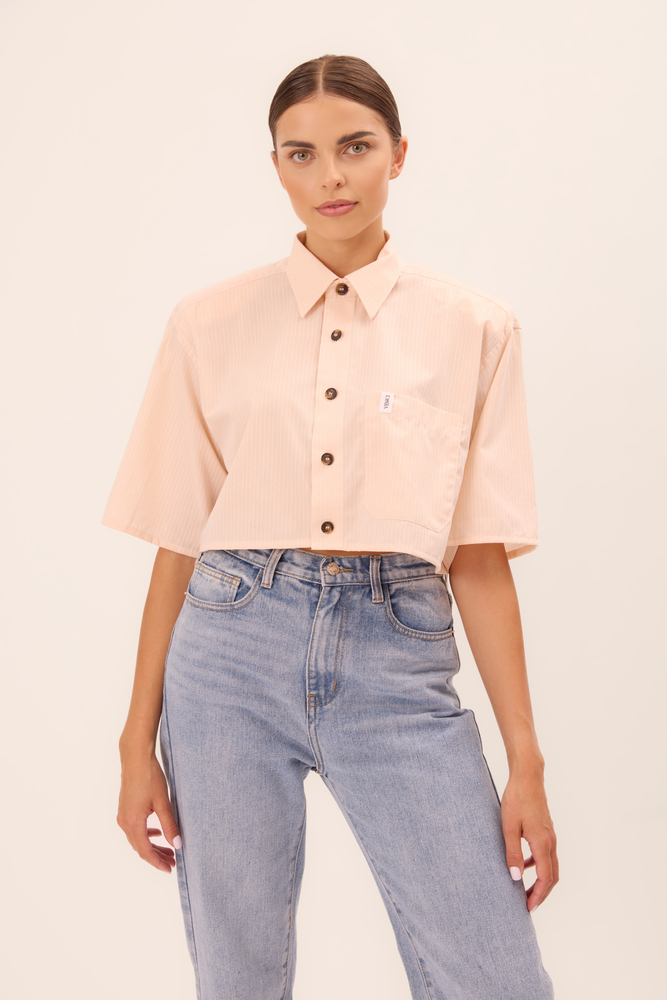 KRÓTKA BRZOSKWINIOWA KOSZULA W DELIKATNY PRĄŻEK Z ODPINANYMI SZEROKIMI PODUCHAMI