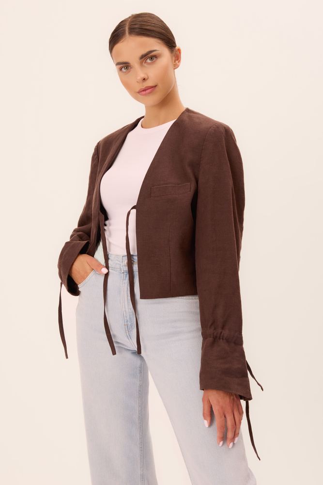 BRĄZOWA KRÓTKA PROSTA MARYNARKA Z WIĄZANIAMI