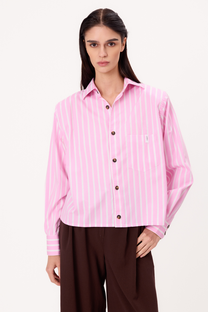 RÓŻOWA REGULAR KOSZULA OVERSIZE W PASKI Z SZEROKIMI ODPINANYMI PODUCHAMI