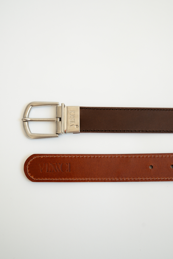 DWUSTRONNY SKÓRZANY PASEK Z OBROTOWĄ KLAMRĄ – PATCHWORKOWY RUDY-JASNOBRĄZOWY / CZEKOLADOWY-BURGUNDOWY