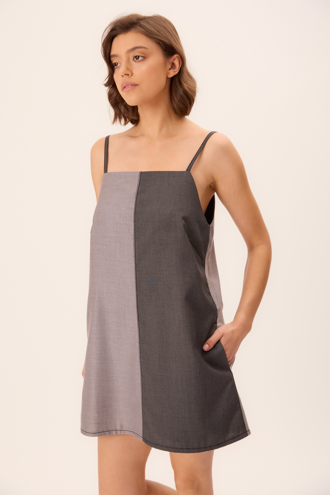 KRÓTKA PROSTA KROJEM SZARA DWUKOLOROWA SUKIENKA 