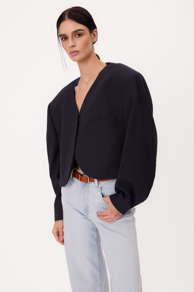 KRÓTKA PROSTA GRANATOWA MARYNARKA W JASNY PRĄŻEK MODEL No9