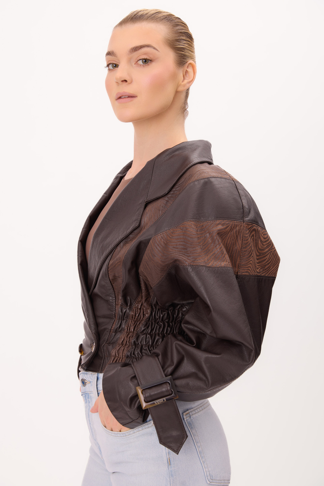 CZEKOLADOWA KURTKA SKÓRZANA Z BRĄZOWYMI OZDOBNYMI WSTAWKAMI