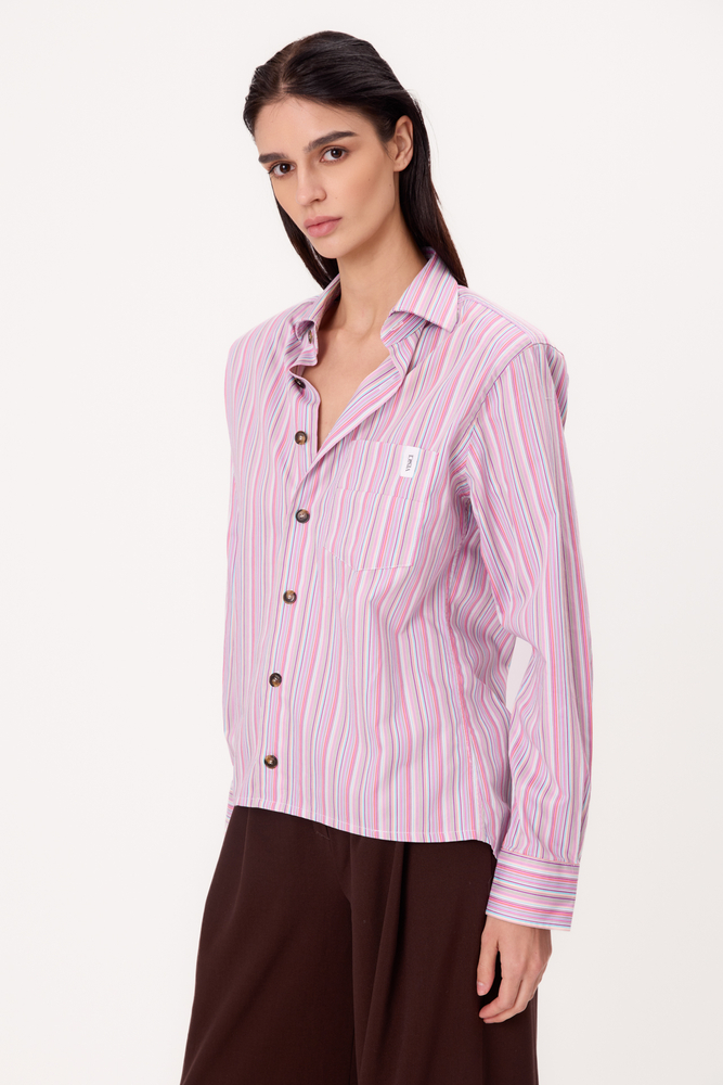 RÓŻOWA FIOLETOWA REGULAR KOSZULA OVERSIZE W PASKI Z SZEROKIMI ODPINANYMI PODUCHAMI