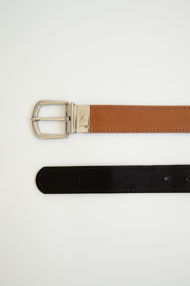 DWUSTRONNY SKÓRZANY PASEK Z OBROTOWĄ KLAMRĄ – PATCHWORKOWY BRĄZOWO-RUDY / CZARNY