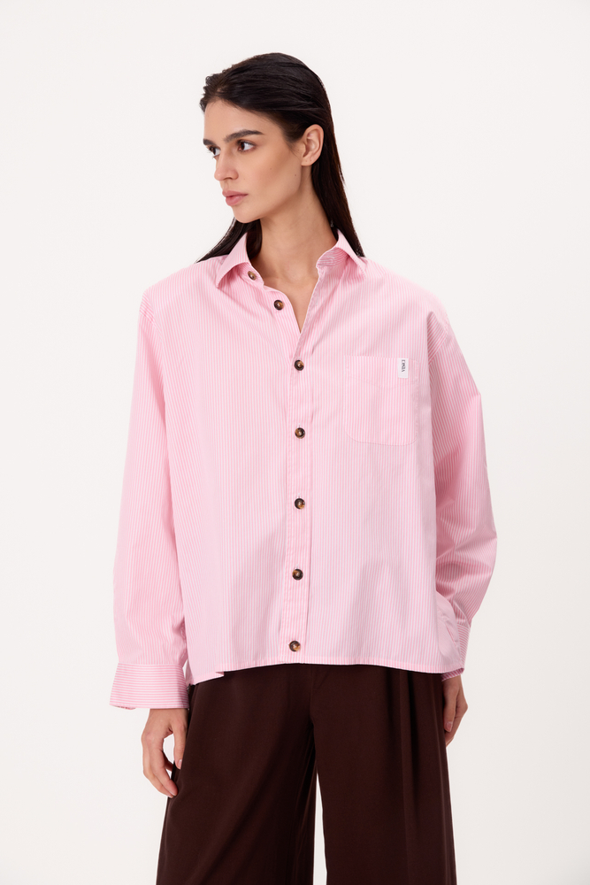 RÓŻOWA REGULAR KOSZULA OVERSIZE W PASKI Z SZEROKIMI ODPINANYMI PODUCHAMI