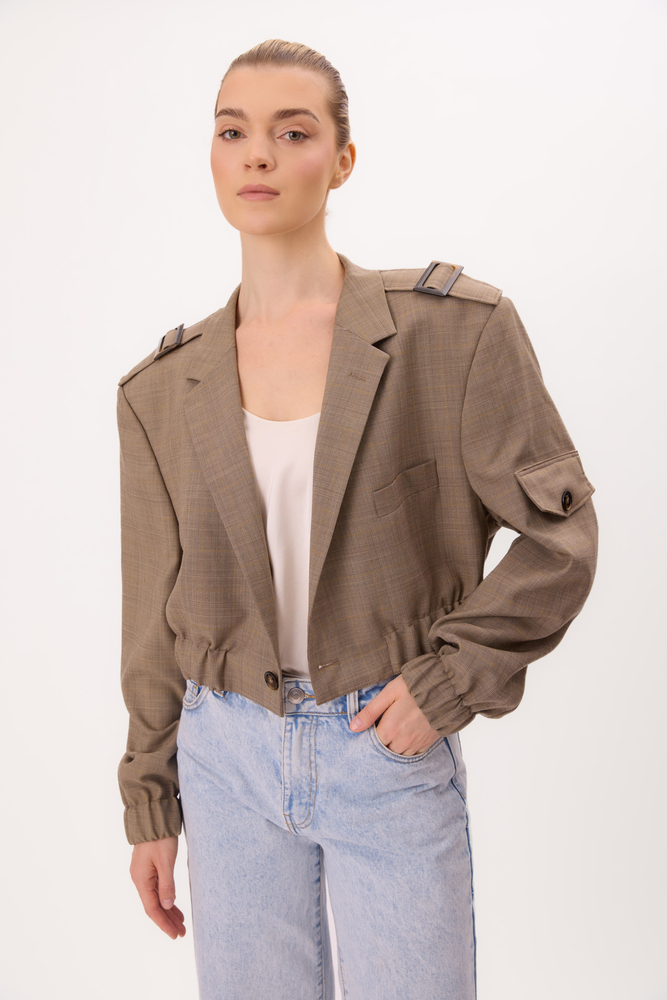 CIEMNOBEŻOWA WEŁNIANA KURTKA BOMBERKA Z PAGONAMI