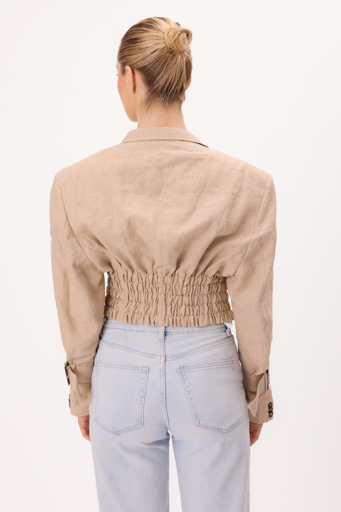 BEŻOWA LNIANA MARYNARKA No5 Z MOCNYMI RAMIONAMI I REGULACJĄ W TALII