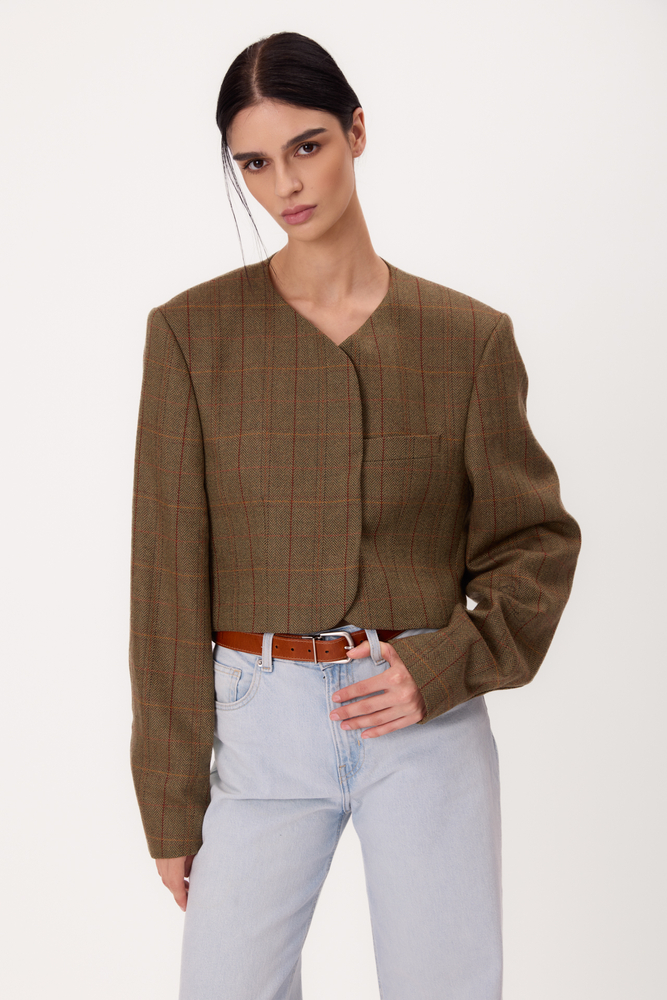 KRÓTKA PROSTA ZIELONA MARYNARKA TALL W CZERWONĄ I POMARAŃCZOWĄ KRATĘ MODEL No9