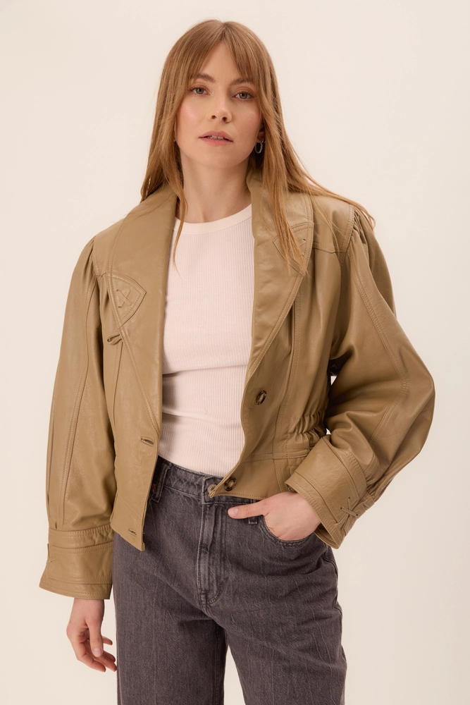 KURTKA SKÓRZANA W KOLORZE JASNEGO KHAKI