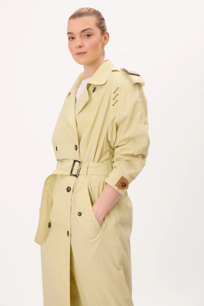 DŁUGI JASNOZIELONY MAXI TRENCH COAT REGULOWANY W TALII PŁASZCZ Z PASKIEM 
